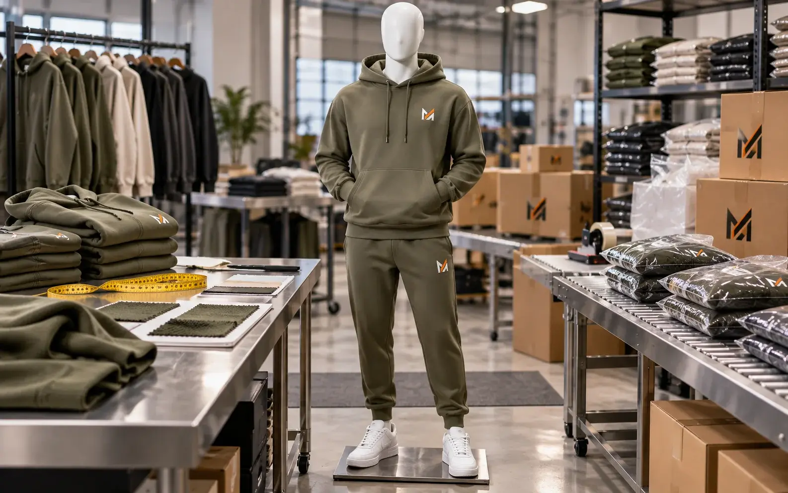 Olive green hoodie and matching jogger sweatpants with Mega Apparel logos, displayed on a faceless mannequin alongside fabric inspection samples, measuring tape, folded garments, and shipping packages in a quality control facility.